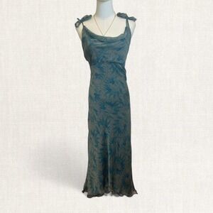 Y2K teal mesh midi dress Jonathan Martin cowl neck tie strap slip dress Vintage